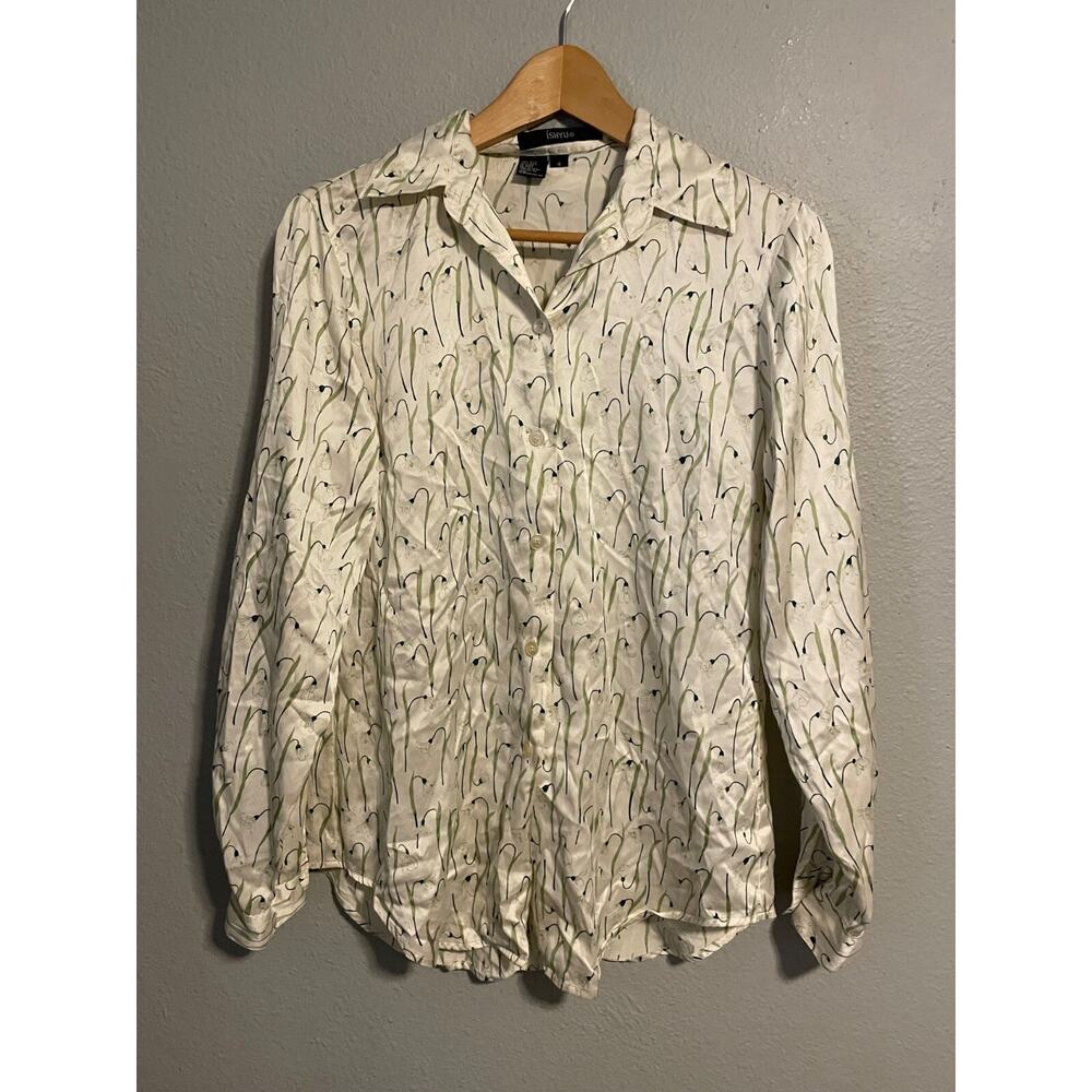 Vintage Ishyu Women Top Size 4 Silk Satin Green Floral Print Button Up Fairy 90s